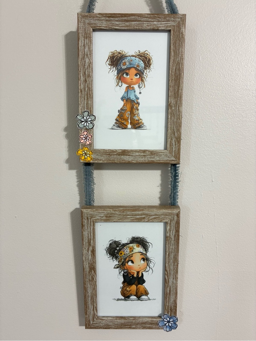 Rustic Double Photo Frame with Whimsical Artwork - Blue & Brown